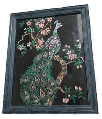 Vintage Black Velvet Painted Peacock With Frame From Mexico