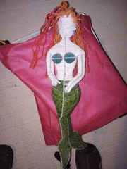 Beaded Mermaid Hanging Sculpture Red Hair 14″ VG Handmade 4.5″ Hanger Vintage