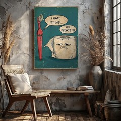 Funny Cartoon Toothbrush And Toilet Paper I Hate My Job Canvas Wall Art Print
