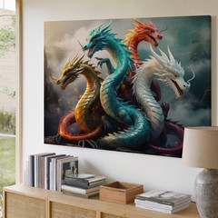 Dynamic Composition Featuring Five Majestic Dragons Intertwined Against Wall Art