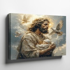 Jesus Holding Baby with Glowing Light and White Doves Spiritual Canvas Art Decor