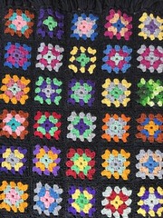 Vtg Handmade Granny Square Afghan Throw Blanket 70 X 70″ Colorful Black Fringe