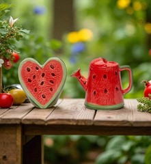 Ceramic Watermelon Heart and Water can Salt and Pepper Shakers, Kitchen Summer D