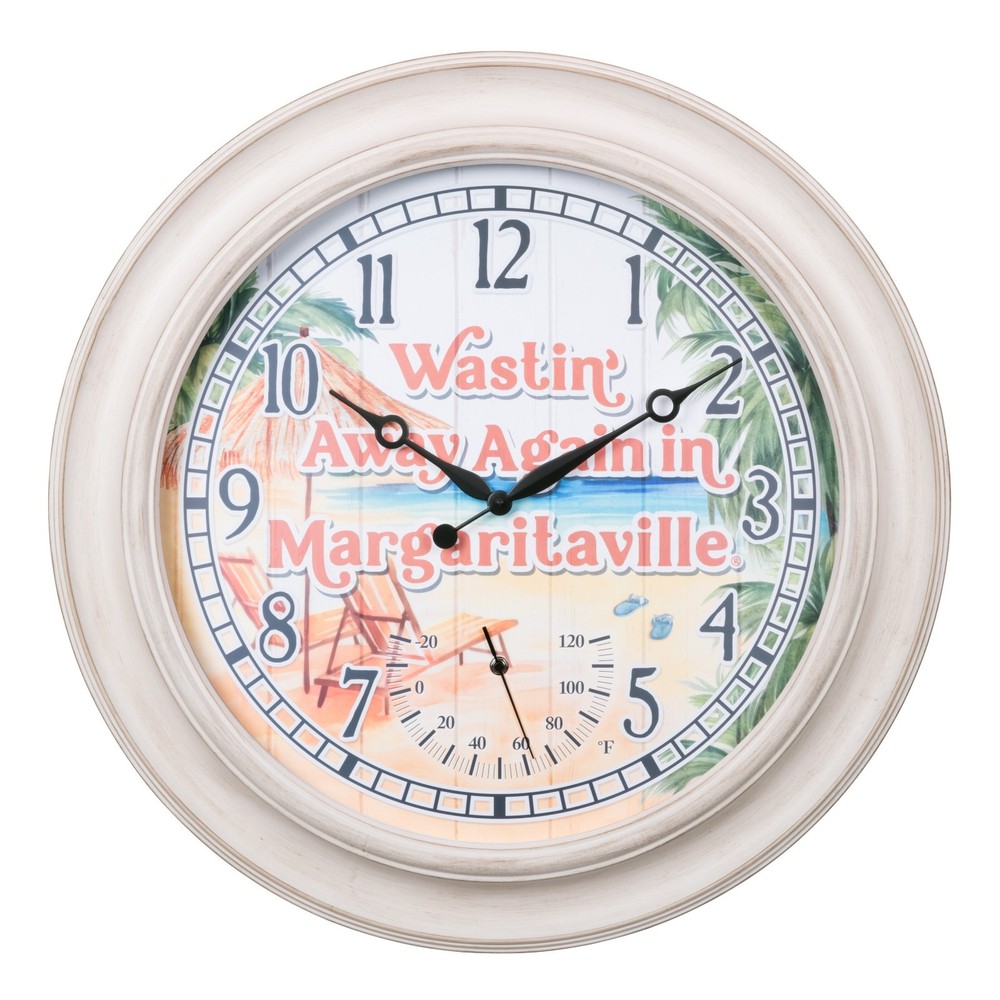 433-3267MVT Margaritaville 26″ IN/OUT Wall Clock with Temperature – Wastin’ Away