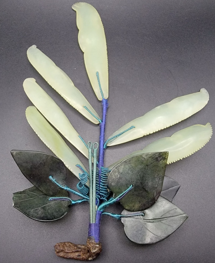 Vintage Asian Hand Carved Jade Peas with Stone Leaves