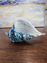 Hand Blown Glass Shell Decoration, Modern Art Glass Conch Statue Blue and White