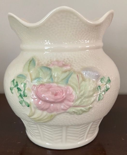 Belleek Ireland Basket Weave Vase Planter Pink Flowers Shamrock Gold Mark 1980s