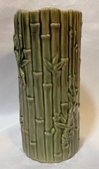 Vintage MCM Bamboo Vase Green Ceramic Tiki Planter Orchids Hawaii Style B-646