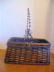 VINTAGE BAMBOO OBLONG BASKET w/METAL SCROLL HANDLE ~ 12 1/2 L x 8 W x 6 H ~ VGUC