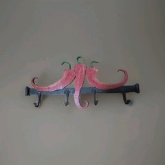 1990s Rustic Handcrafted Solid Wrought Iron Chili Pepper Wall Hook Rack