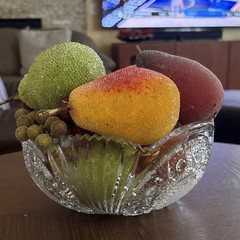 Multicolor Artificial Fruit Assortment in Crystal Glass Bowl, Home Décor