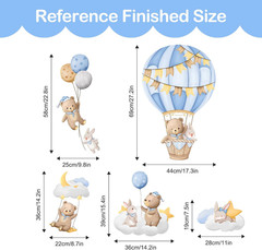 Blue Hot Air Balloon Wall Stickers Cartoon Bear Rabbit Stars Planets Wall Dec…