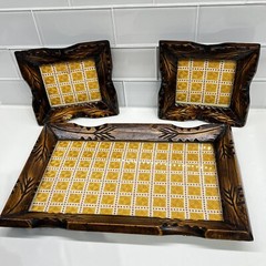 Set of 3 Handmade Wood and Glass Serving Tray Etched w/ Embroidered Appliqué