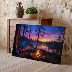 Camping scene canvas wall art with campfire lake sunset pine trees nature print