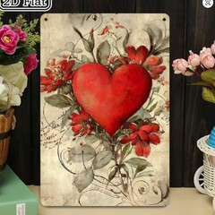 Victorian Vintage Red Heart Floral Bouquet Wall Decor Metal Art Sign 8×12