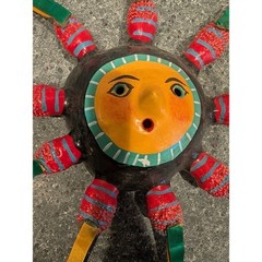 Handmade Mexican Sun Face Mask Folk Art Coconut Ribbon Decoration