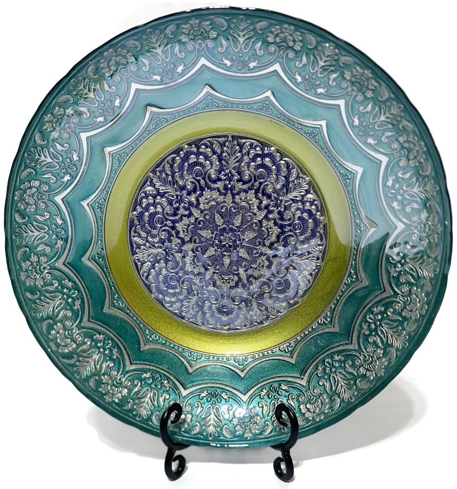 Topkapi Collection Turkish Hand Painted Art Glass Bowl 13″ Decorative Metal