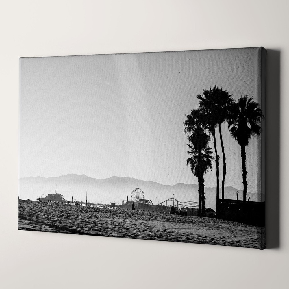 Santa Monica Beach California Ocean Black And White Canvas Wall Art Print