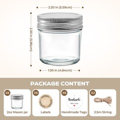 PureRoot 6 Pack Mini Mason Jars 2 oz Glass with Lids, 2 ounces, 2oz-6pcs