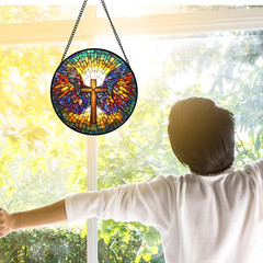 Stained Glass Window Hanging – Jesus Cross Wings Suncatcher Ready to Hang Window