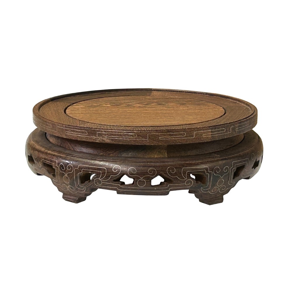 7″ Light Brown Feather Pattern Wire Accent Round Wood Display Stand ws4231