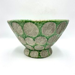 Green & Cement Gray Terra-Cotta Footed Decorative Bowl with Wax Relief Dots