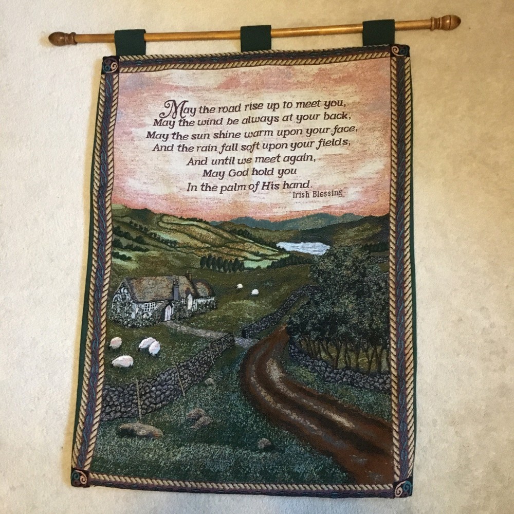 Vintage Irish Blessing Tapestry Wall Hanging Pastoral Scene W Rod Hanger