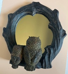 Vintage Resin Owl Family Tabletop Faux Wood Mirror 8 Inches