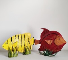 2 Metal Fish Sculptures Seagrass Base 15″ Yellow Tiger Stripe 14″ Red Angelfish