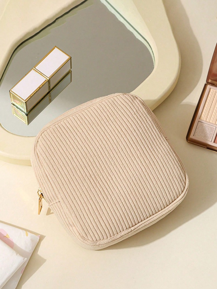 Beige Solid Color Corduroy Zipper Period Bag For Pads Tampons