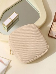 Beige Solid Color Corduroy Zipper Period Bag For Pads Tampons