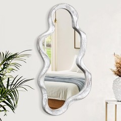 Asymmetrical Cloud Wavy Mirror – Large Irregular Wall Mirror with Modern Wood…