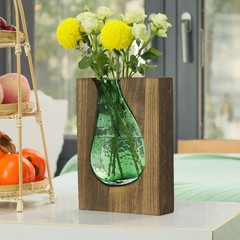 Wood and Glass Inlay Vases Farmhouse Wooden Glass Flower Vase Solid Wood Glas…