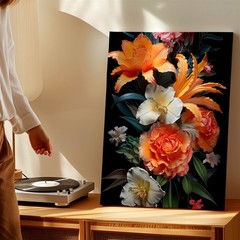 Wall Art Floral Bouquet Print Orange Lily Rose White Blossom Black Background