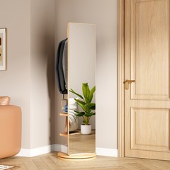 360° Rotating Full Length Mirror Solid Wood Coat Rack Storage Hook Stand Space