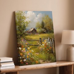 Rustic Country Landscape Canvas Wall Art Floral Meadow Barn Scene Decor Print