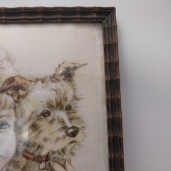 Antique 1909 Illust. & Picture Frame Girl With Her Puppy Unique Letter On Back