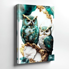 Wall Art Teal Gold Owl Pair Marble Effect Canvas Print Modern Bird Home Decor
