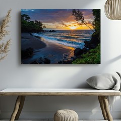 Wall Art Serene Coastal Scene At Sunset Featuring A Black Sand Beach Bordered