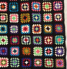 Vintage Granny Square Afghan Hand Crochet Multi-Color Black Blanket 63×46 Retro
