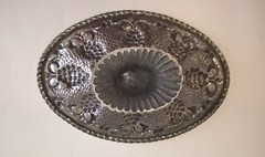 Pedestal Fruit Bowl Flower Centerpiece Oval Pewter? Metal Repousse Grapes READ