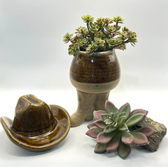 VTG 1981 Five Bridges Art Pottery Cowboy Boot Mug, Hat Vessel Set Western Whimsy