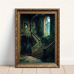Overgrown Gothic Staircase Fantasy Canvas Wall Art, Dark Academia Decor