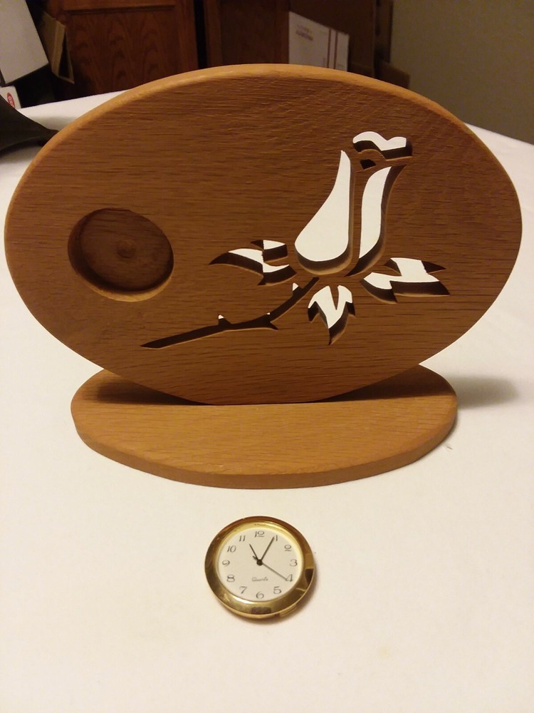 Wooden Clock On Stand w Carved Rose 6″ H x 6 3/4″ L x 3 1/2″ W Works Great