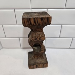 Vintage Brutalist Rustic Medievil Hand Carved Wood Candal Pillar 9 X 3.5 Inches