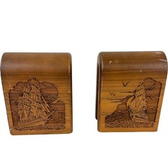 Vintage Lasercraft Arched Walnut Wood Engraved Sailing Ships Bookends Nautical