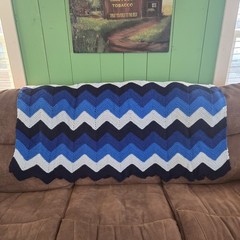 Crochet Chevron Afghan Blanket Throw Knit Blue Ombre Striped 68″x52″