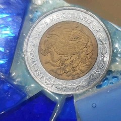 Handcrafted Blue Glass Mosaic Mirror Wood Frame Inlaid With Rare Coins & Emblems