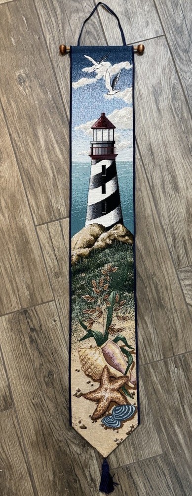 Lighthouse & Seashell Tapestry Fabric Nautical Wall Hanging