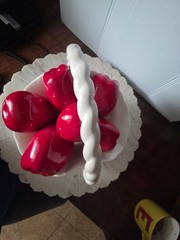 Ceramic Candy Red Apples (7) In White Basket Fruit Embossed Weave Handle